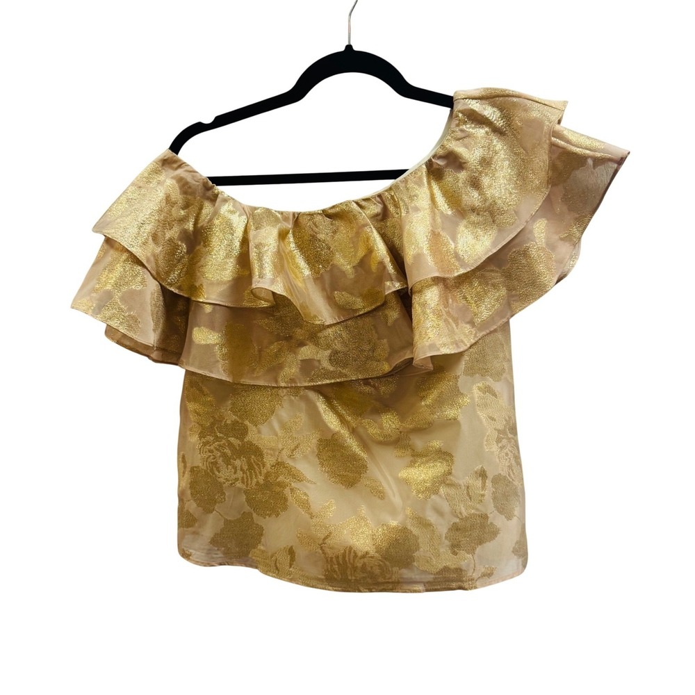 NWT Lilly Pulitzer Trixie One Shoulder Ruffle Top Gold Organza Brocade Floral XS